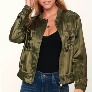 Lulu’s Hit the City Green Satin Bomber Jacket